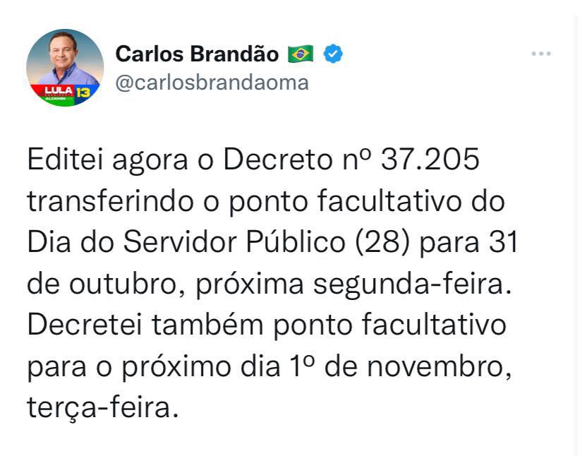 Ponto facultativo do dia 28 é transferido para o dia 31 de outubro