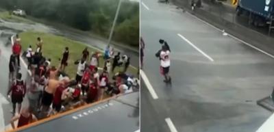 Ônibus com torcedores do Flamengo tomba e deixa feridos na BR-116, no RJ