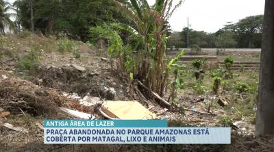 Praça abandonada está coberta por matagal e lixo no Parque Amazonas, em São Luís