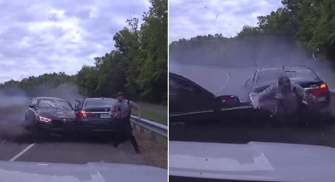 Policial escapa por pouco de ser atingido por carro desgovernado