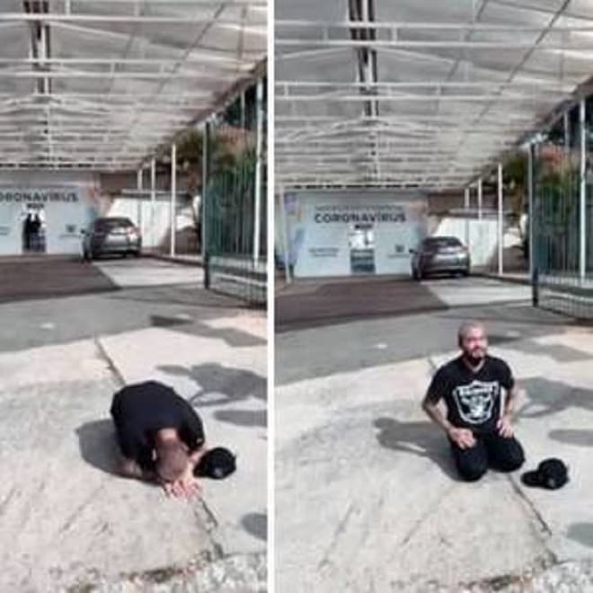 Yudi se ajoelha e pede pela saúde dos pais em porta de hospital