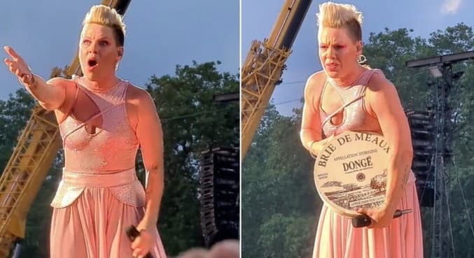 Pink recebe queijo gigante de presente durante show