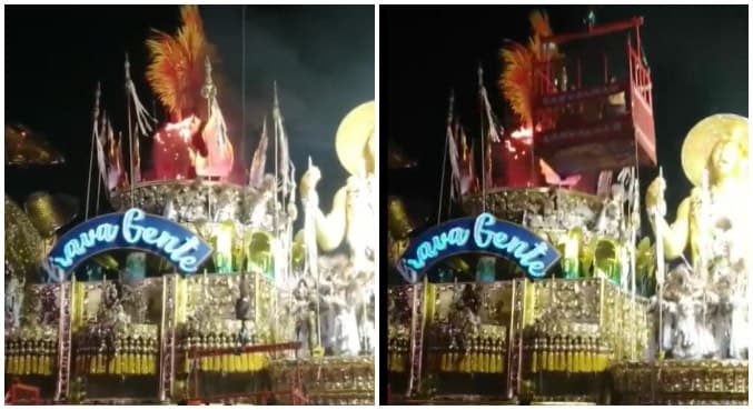 Carro alegórico da Beija-Flor pega fogo antes de entrar na avenida