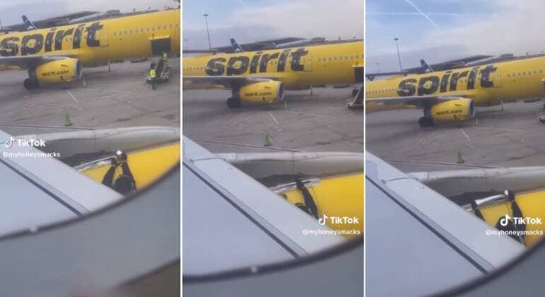 Funcionário é filmado remendando asa de avião com fita adesiva