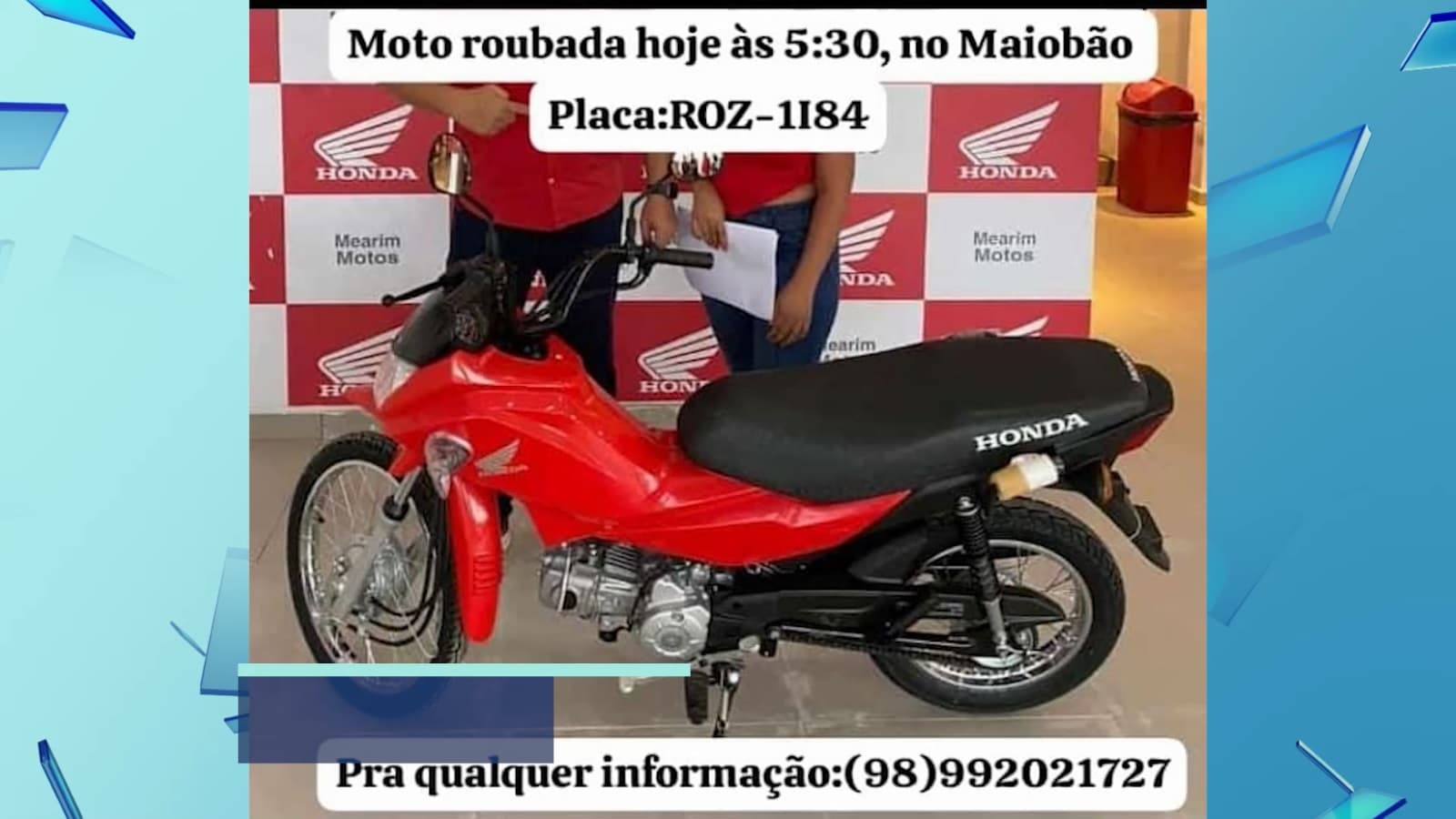 Homem faz apelo para encontrar motocicleta roubada no Maiobão
