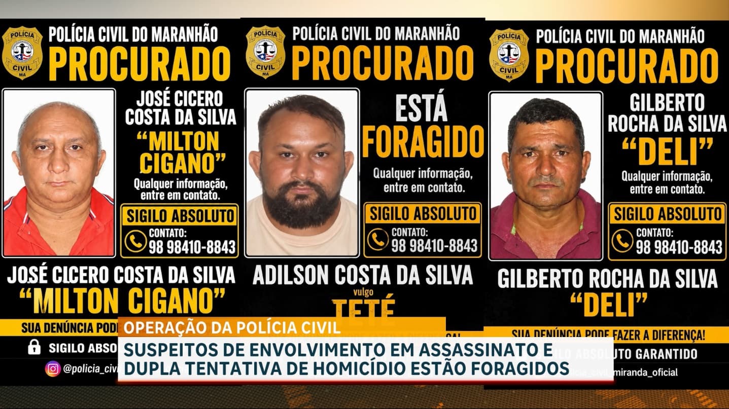 Trio suspeito de assassinato e duas tentativas de homicídio se encontra foragido em Miranda do Norte