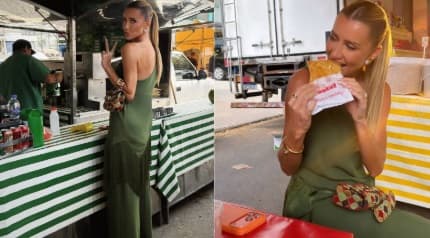 Ana Paula Siebert usa bolsa de R$ 17 mil para comer pastel na feira
